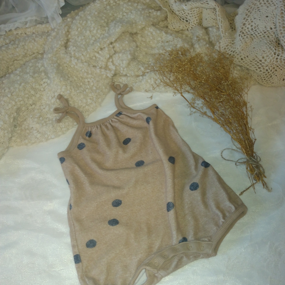 Grayson Threads Tan and Gray Polka Dot Romper